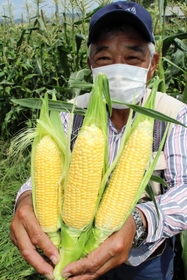 トウモロコシを手に、収穫体験への参加を呼び掛ける佐伯真究代表理事＝加古川市西神吉町宮前