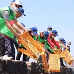 稚魚を放流する日本釣振興会兵庫県支部とチーム・アイランズのメンバー＝東播磨港新島公共埠頭