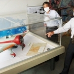 ９７式戦闘機の模型を寄贈した三宅常夫さん（右）と、風防ガラスを提供した上谷昭夫会長＝加古川市役所