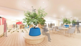移転してオープンする加古川図書館のイメージ。人工樹木や木製ベンチを設置する