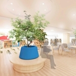 移転してオープンする加古川図書館のイメージ。人工樹木や木製ベンチを設置する