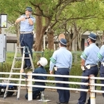 電源中継箱を使った信号機の復旧作業を確認する加古川署員＝加古川市平岡町新在家