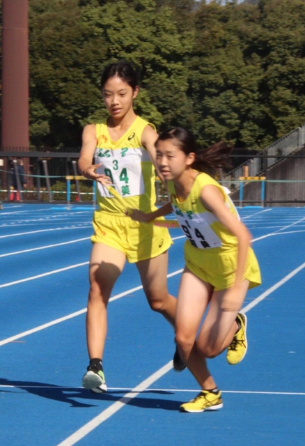 女子・稲美の４区湊友希選手（右）にたすきをつなぐ３区吉川陽菜選手＝加古川運動公園陸上競技場（撮影・門田晋一）