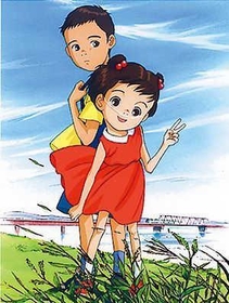 「もも子、かえるの歌がきこえるよ。」に登場する主人公の双子のきょうだい（加古川おやこ劇場提供）