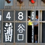 市民らが電光掲示板化を求めている手書きのスコアボード＝２０１５年、高砂市野球場