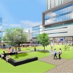 ＪＲ加古川駅南の再整備案のイメージ図。建て替えたカピル２１ビル（右）やサンライズ加古川ビル（左）、新たに整備する歩行者の憩いの空間を描いている