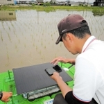 スマホでアイガモロボを起動させる井関農機の担当者＝加古川市八幡町