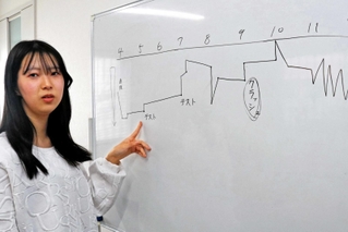 「コロナ後遺症」で苦しんだ期間のつらさをグラフに示して話す魚橋和叶奈さん＝高砂市内