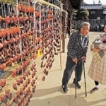 正月用「串柿」など干し柿のカーテンの前で、ひ孫を抱いた孫の高島依里さん（右）と談笑する田中秋雄さん＝加古川市志方町岡