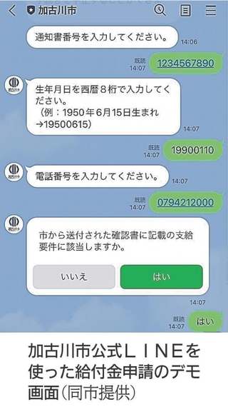加古川市公式ＬＩＮＥを使った給付金申請のデモ画面（同市提供）