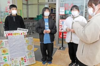 宮城県石巻市で咲いた「ど根性ひまわり」の種を配る米田小学校６年生＝高砂市米田町米田新