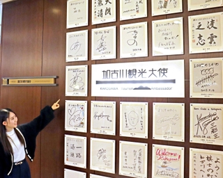 加古川観光協会の入り口に並んだ観光大使２２人分のサイン色紙＝加古川市加古川町溝之口