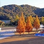 工事が進む権現総合公園。１９９０年代、日本一の噴水を設置する計画があった＝権現湖パーキングエリア（下り線）から