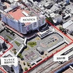 現状の加古川駅前。赤く囲った部分が市街地再開発事業の検討区域（加古川市提供）