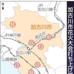 加古川市花火大会打ち上げ場所①志方町原②加古川河川敷③八幡町中西条④神野町西之山⑤平岡町二俣⑥加古川河口⑦別府町港町