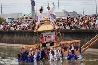 池の中でみこしを差し上げる氏子たち。「ヨーイヤサ」のかけ声に合わせて、みこしを上下に揺らした＝稲美町六分一