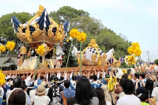 豪快な練り合わせを披露する各地区の屋台＝高砂市曽根町