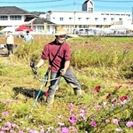 リレー形式の草刈りレースに挑戦した参加者＝加古川市志方町原