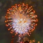 花火が夜空と水面を彩った昨年度の加古川市花火大会＝播磨町新島から加古川市別府町方面を臨む