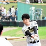 バッティング練習する陣内智則さん＝日岡山公園野球場
