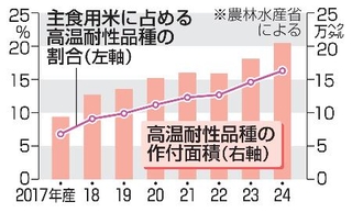 　主食用米に占める高温耐性品種の割合と作付面積