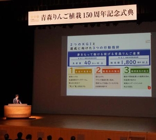 　リンゴが青森県に初めて植栽されてから１５０年となるのを記念した式典＝１３日午前、弘前市