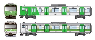 　山手線環状運転１００周年を記念したラッピング列車のデザイン。上が「１０３系」、下が「２０５系」をイメージしている（ＪＲ東日本提供）