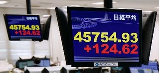 　日経平均株価の終値を示すモニター＝２５日午後、東京都港区の外為どっとコム
