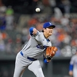 　オリオールズ戦に先発登板したドジャース・大谷。３回２／３を無失点で勝敗は付かなかった＝ボルティモア（共同）