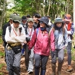 　地域の中高生の案内で森を散策する参加者ら＝７日午前、北海道斜里町（画像の一部を加工しています）