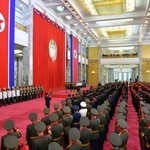 　平壌の万寿台議事堂で開かれた建国７７年の記念行事＝９日（朝鮮中央通信＝共同）