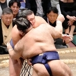 　高安（手前）を攻める豊昇龍。寄り切りで下す＝両国国技館