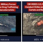　米ホワイトハウスが公開した動画のこま落とし画像。ベネズエラから麻薬を運んでいたと米国が主張する船が攻撃を受ける様子だとされている（ホワイトハウス提供、ロイター＝共同）