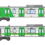 　山手線環状運転１００周年を記念したラッピング列車のデザイン。上が「１０３系」、下が「２０５系」をイメージしている（ＪＲ東日本提供）