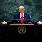 　２３日、国連総会一般討論で演説するトランプ米大統領＝ニューヨーク（ロイター＝共同）