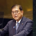 　国連総会の一般討論演説を行う石破首相＝２３日、ニューヨーク（共同）