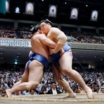 　大の里（右）が寄り切りで若隆景を下す＝両国国技館