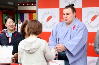 　「赤い羽根共同募金運動」に参加した安青錦＝１日、東京都台東区