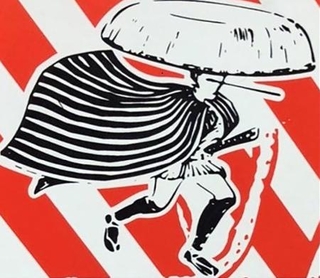 　するめ菓子のパッケージに描かれたテレビドラマ「木枯し紋次郎」の主人公に似た図柄（原告側代理人弁護士提供）