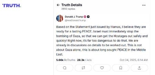 　人質の解放に向けてイスラエルにガザへの爆撃を即時停止するようＳＮＳで求めたトランプ米大統領の投稿（ＳＮＳトゥルース・ソーシャルから）