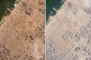 　９月２日（左）と１８日に撮影された衛星画像。パレスチナ自治区ガザ北部ガザ市の北方の沿岸部から避難民テントがほぼなくなっていた（プラネット・ラブズ提供、共同）