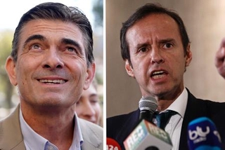 　ボリビア大統領候補のホルヘ・キロガ元大統領（右）とロドリゴ・パス上院議員（ＡＰ＝共同）