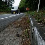 　軽乗用車が横転し５人が死亡した事故現場。周辺の縁石には白い傷があった＝３日午後２時４６分、三重県名張市