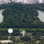 　仁徳天皇陵古墳（奥）近くの大仙公園から浮かび上がったガス気球＝３日午後、堺市（共同通信社ヘリから）