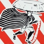 　するめ菓子のパッケージに描かれたテレビドラマ「木枯し紋次郎」の主人公に似た図柄（原告側代理人弁護士提供）