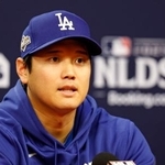 　地区シリーズを前に記者会見するドジャース・大谷＝フィラデルフィア（共同）