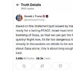 　人質の解放に向けてイスラエルにガザへの爆撃を即時停止するようＳＮＳで求めたトランプ米大統領の投稿（ＳＮＳトゥルース・ソーシャルから）