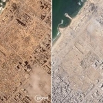 　９月２日（左）と１８日に撮影された衛星画像。パレスチナ自治区ガザ北部ガザ市の北方の沿岸部から避難民テントがほぼなくなっていた（プラネット・ラブズ提供、共同）