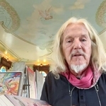 　スイスのアトリエからオンラインで取材に応じる贋作家ウォルフガング・ベルトラッキ氏（共同）