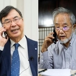 　ノーベル生理学・医学賞の受賞が決まり、東京科学大の大隅良典栄誉教授（右）と電話対談する大阪大の坂口志文特任教授＝６日夜